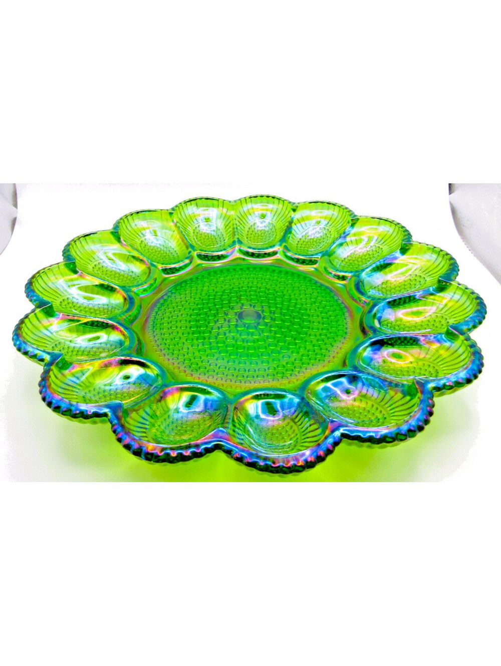 Vintage Indiana Glass Green Iridescent Carnival Glass Deviled Egg Relish Plate